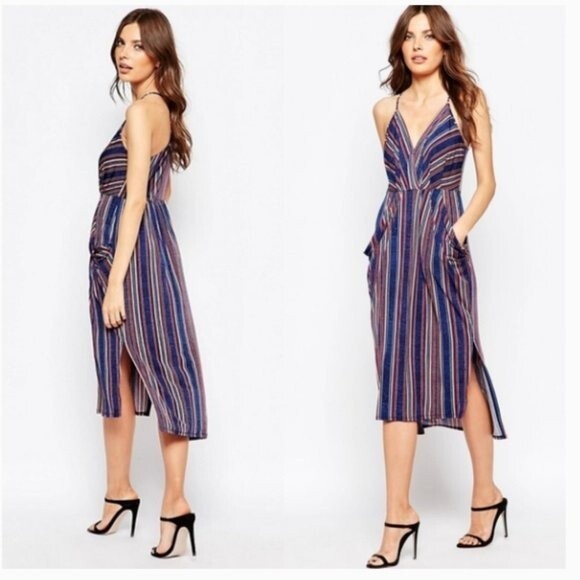 NWT BCBGENERATION DRESS NAVY STRIPED PATTERN SLOUCHY POCKETS HIGH LOW MED $88 - Picture 1 of 14